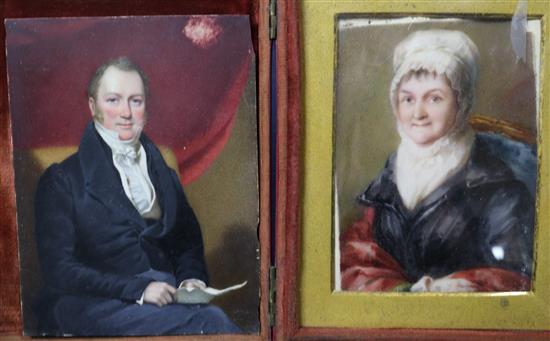 19C English School, miniature portrait of a lady in folding frame and another of a gentleman (unframed)
